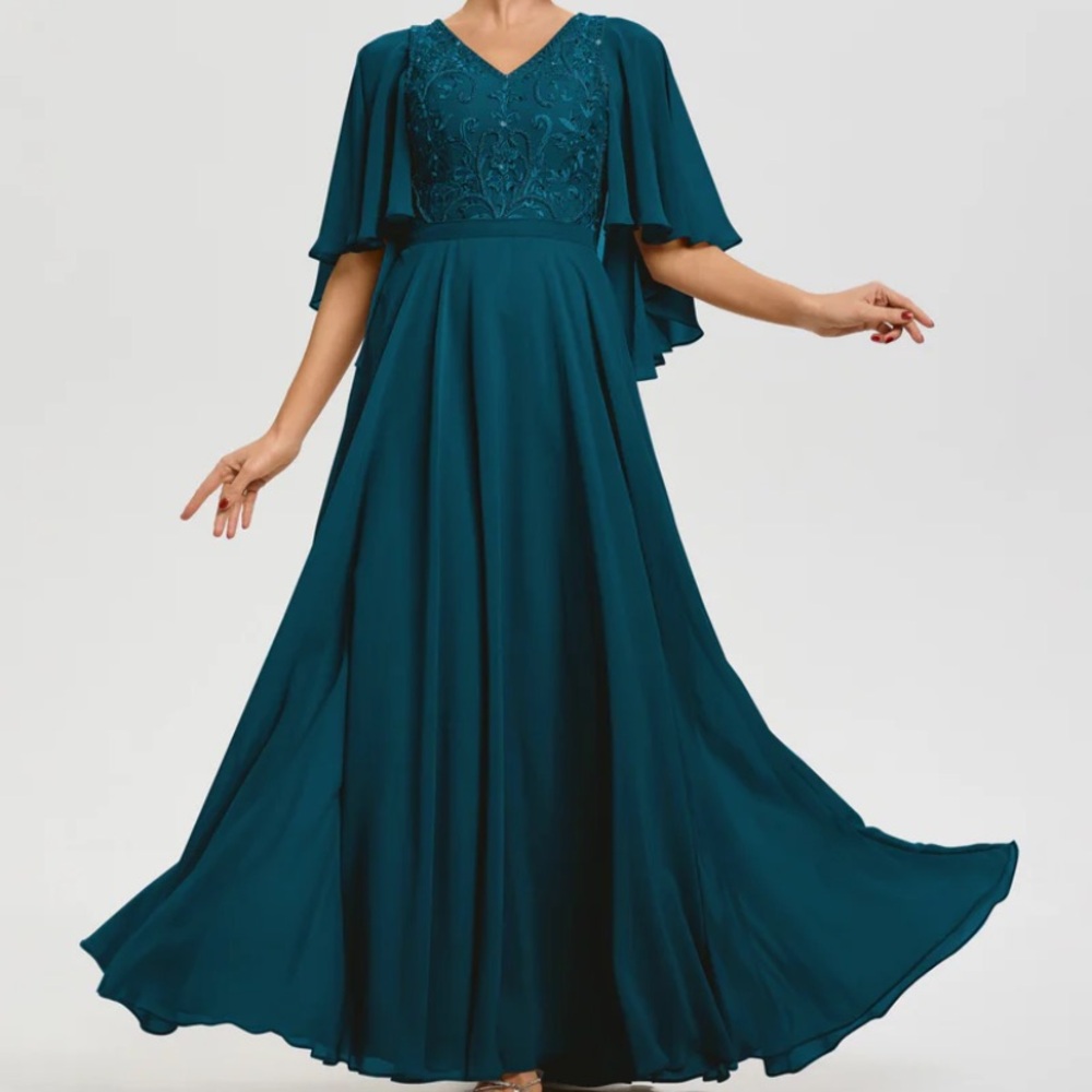 Elegant Teal Evening Gown with Embroidered Bodice